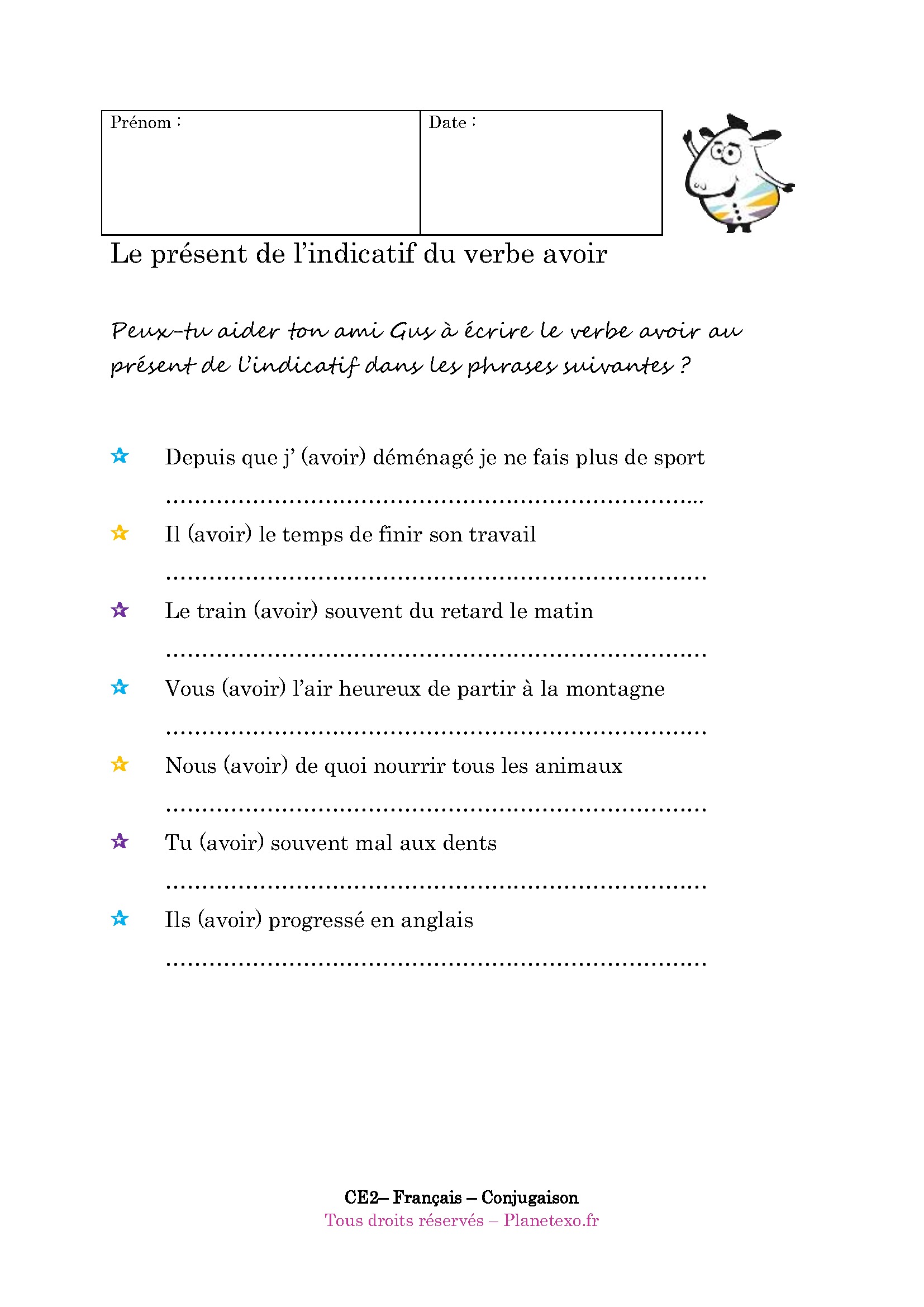Exercice De Conjugaison Présent Ce2 à Imprimer Gratuit Exercice corrigé pour le CE2 : Le présent de l’indicatif du verbe avoir