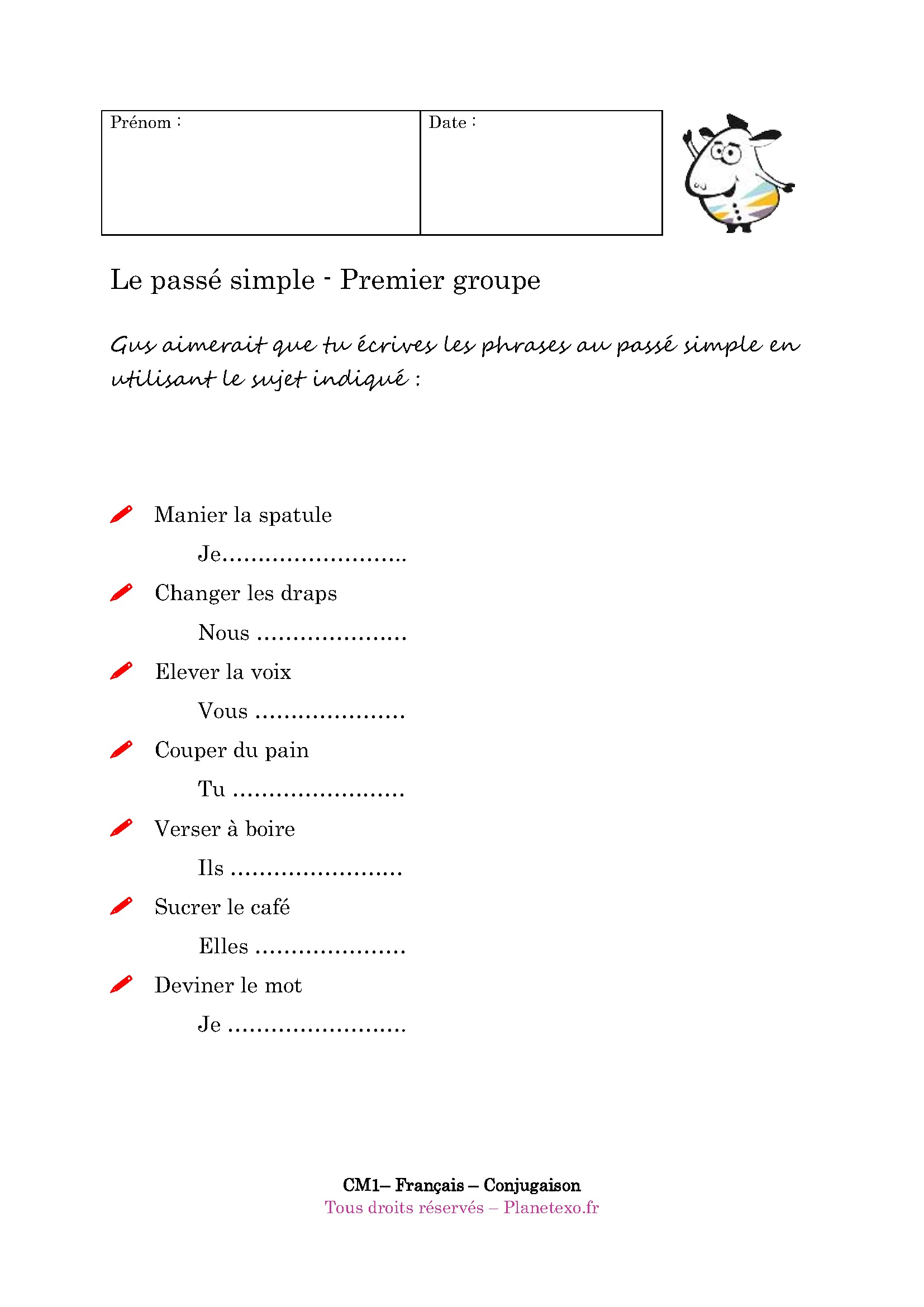 Exercice Corrige Pour Le Cm1 Le Passe Simple Premier Groupe