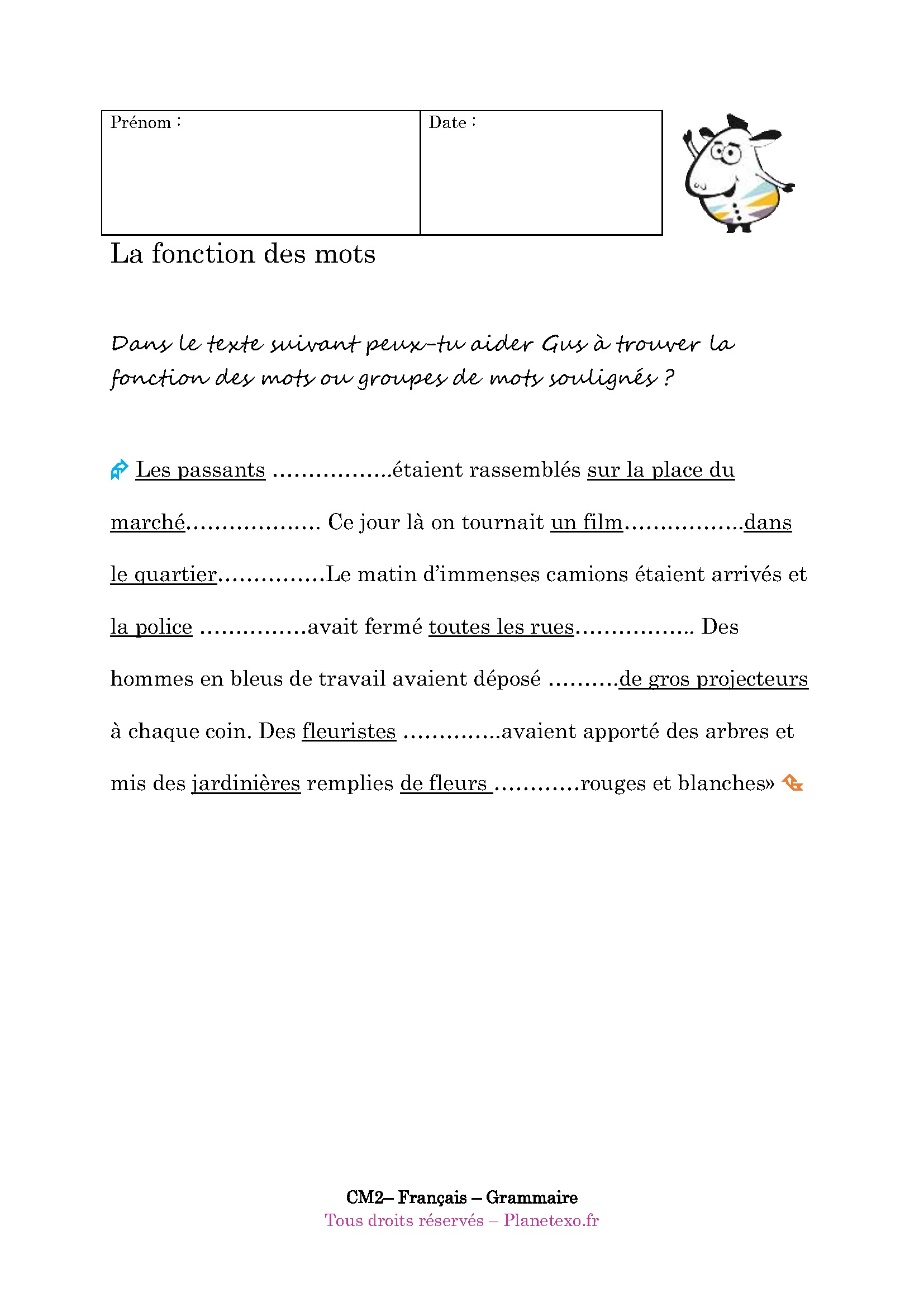 Exercice Nature Des Mots Cm2 Avec Correction Exercice corrigé pour le CM2 : La fonction des mots (2)