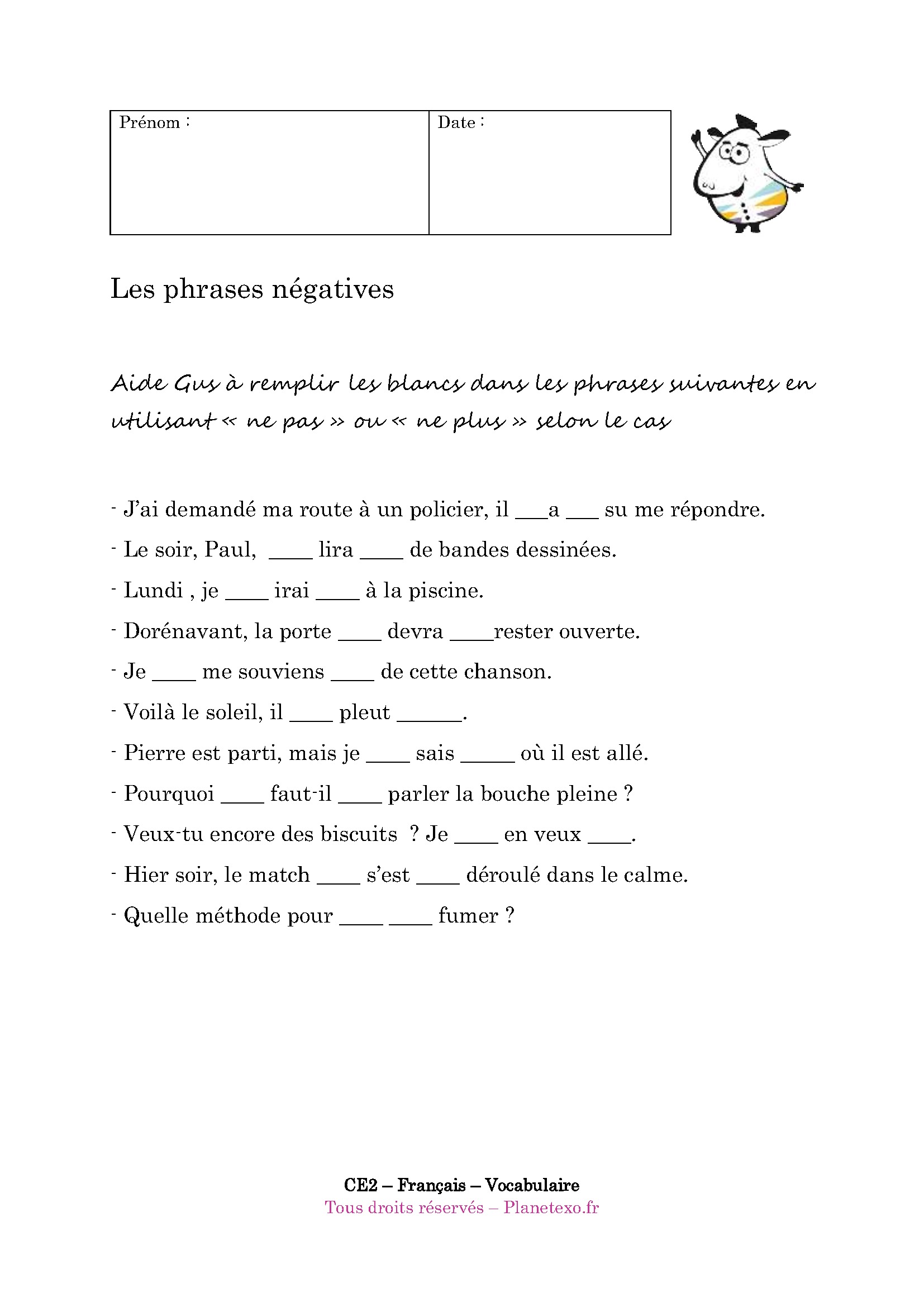 phrase negative, ne pas, ne plus