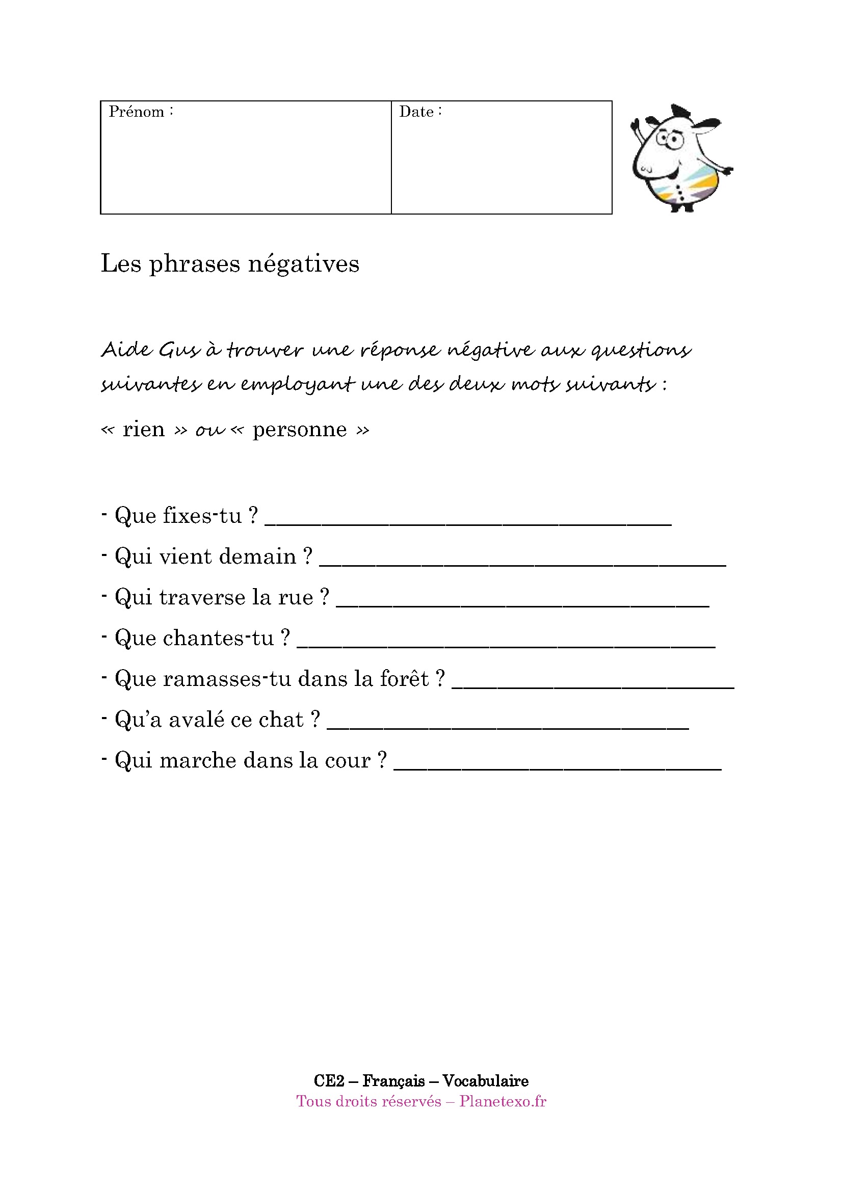 phrase negative, rien, personne