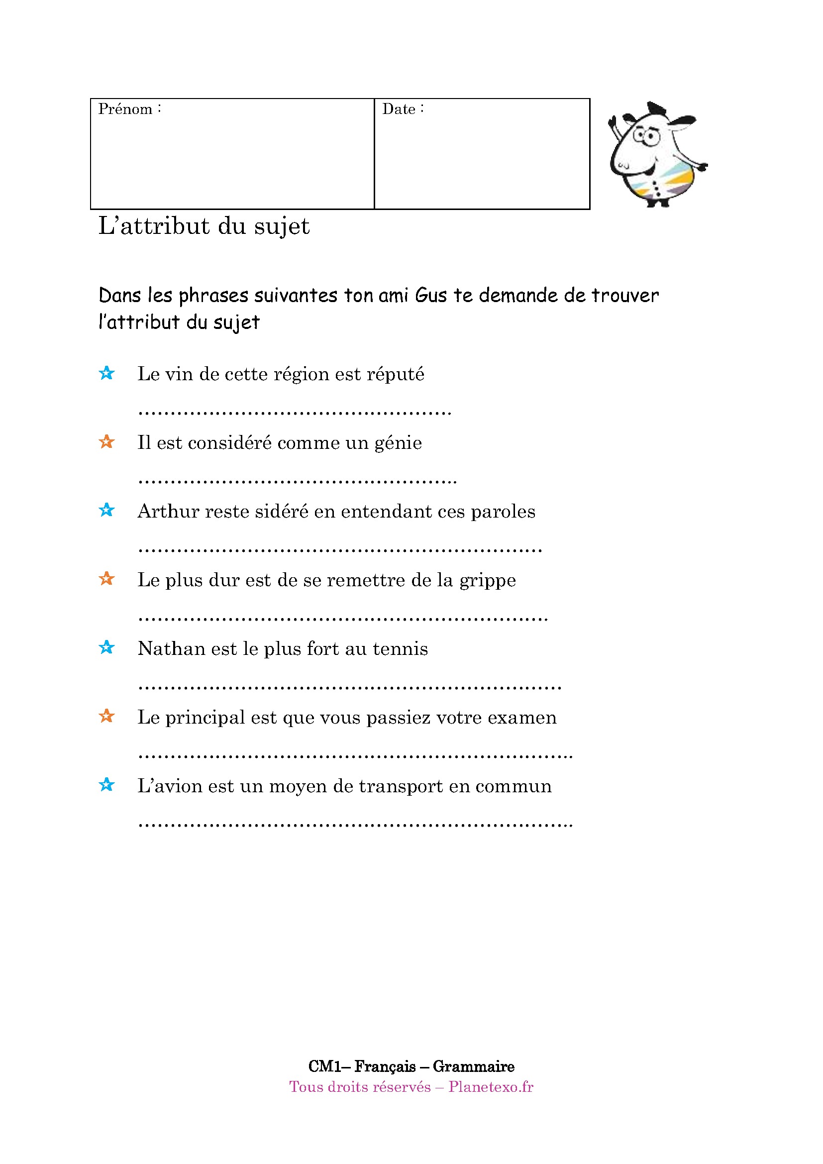 L attribut Du Sujet Exercices Corrigés Pdf Exercice corrigé pour le CM1 : L'attribut du sujet (2)
