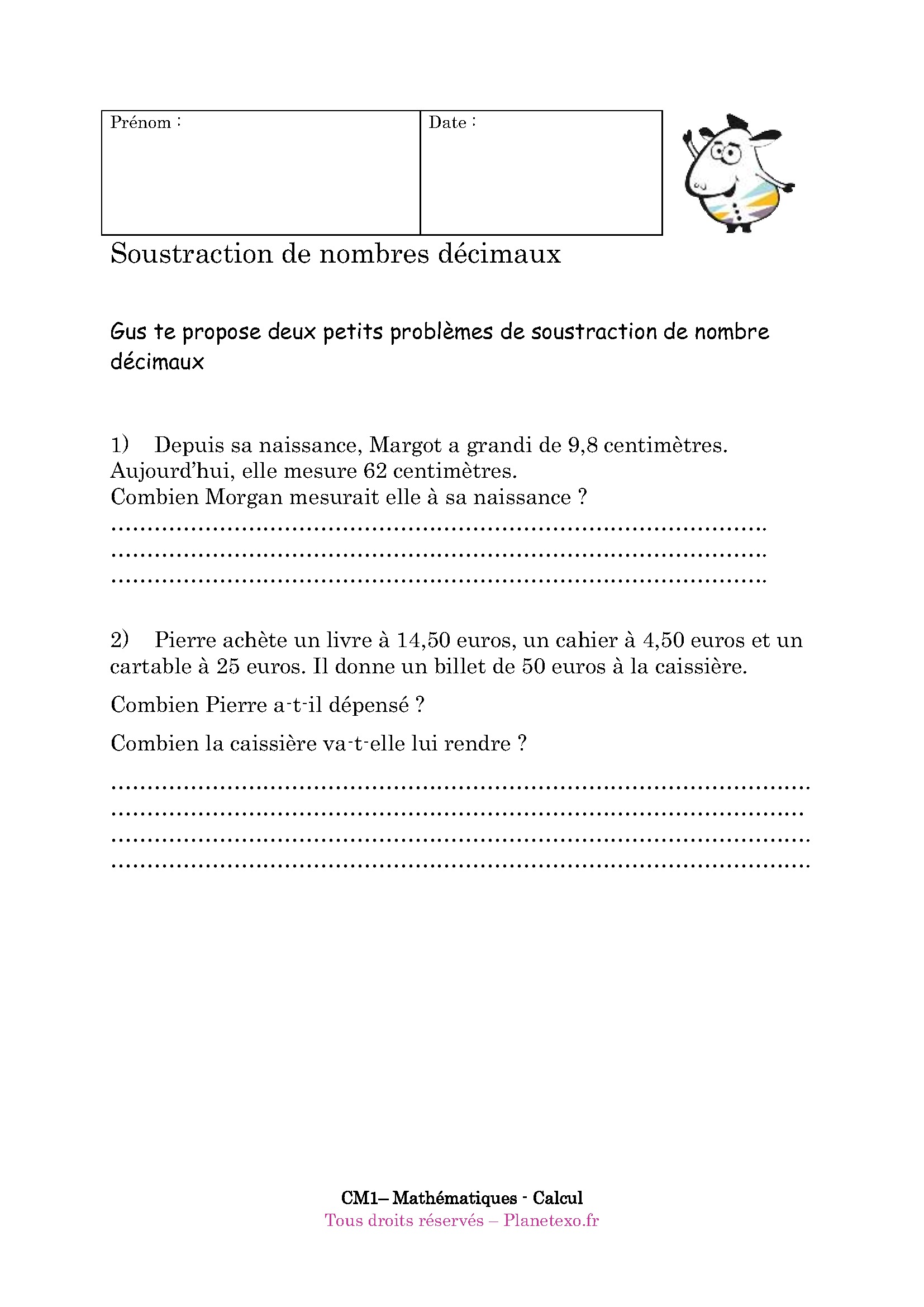 soustraction decimal decimaux