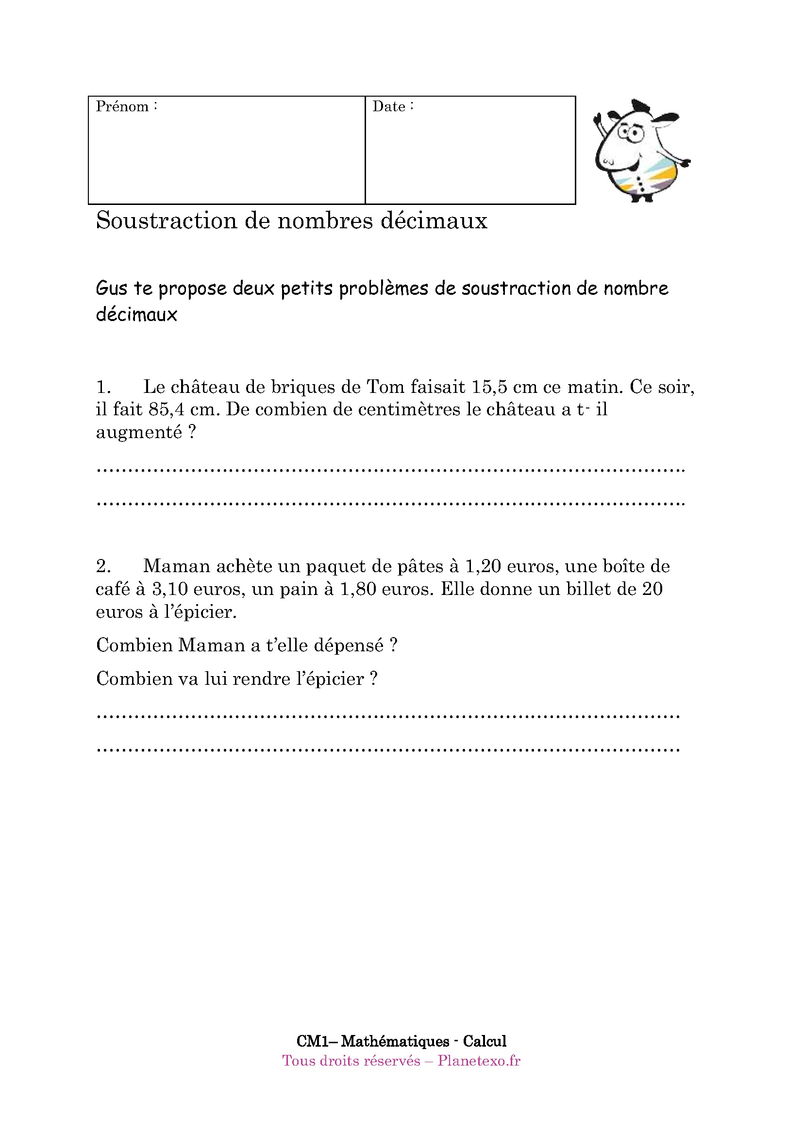 soustraction decimaux decimal