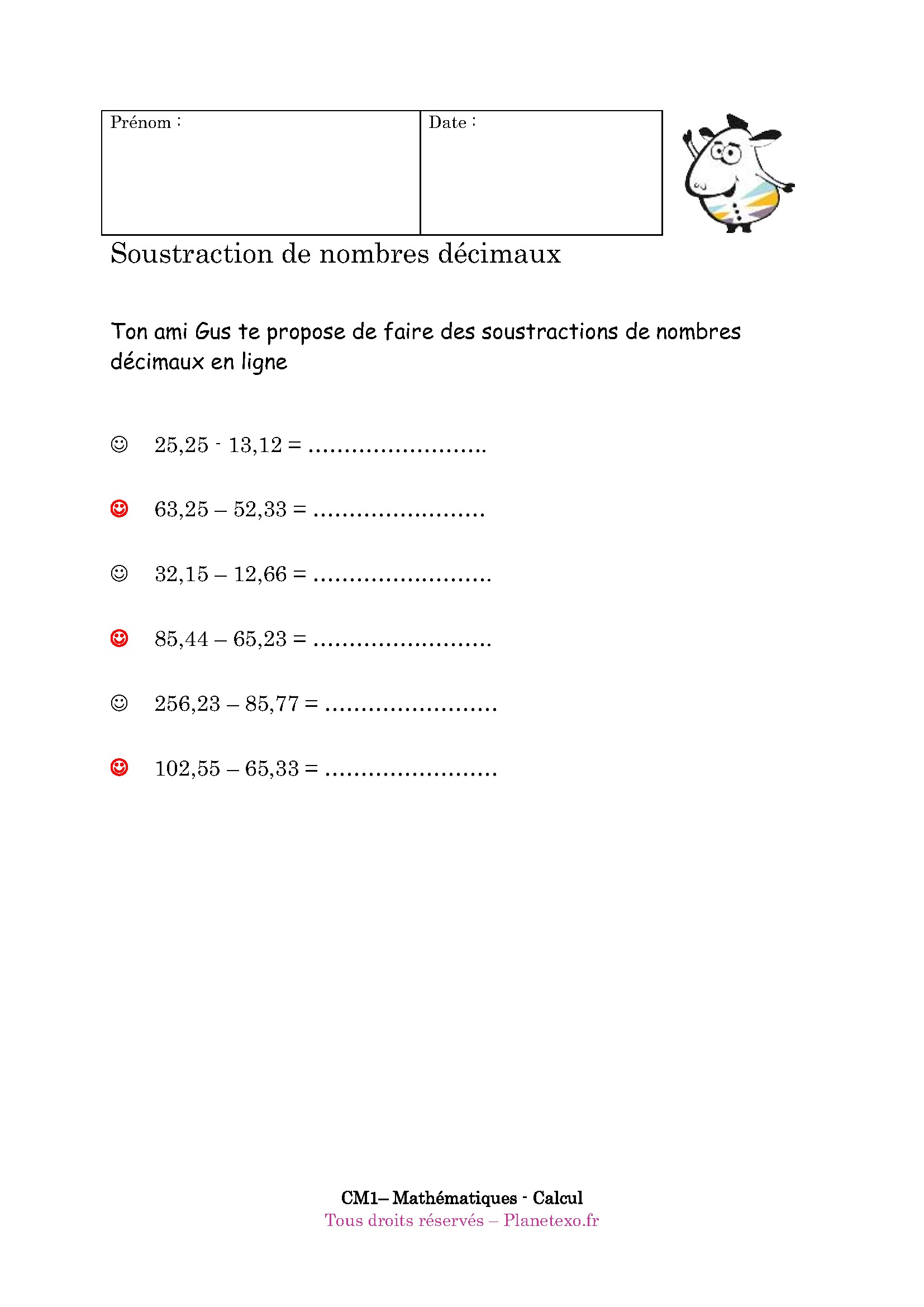 soustraction decimal decimaux