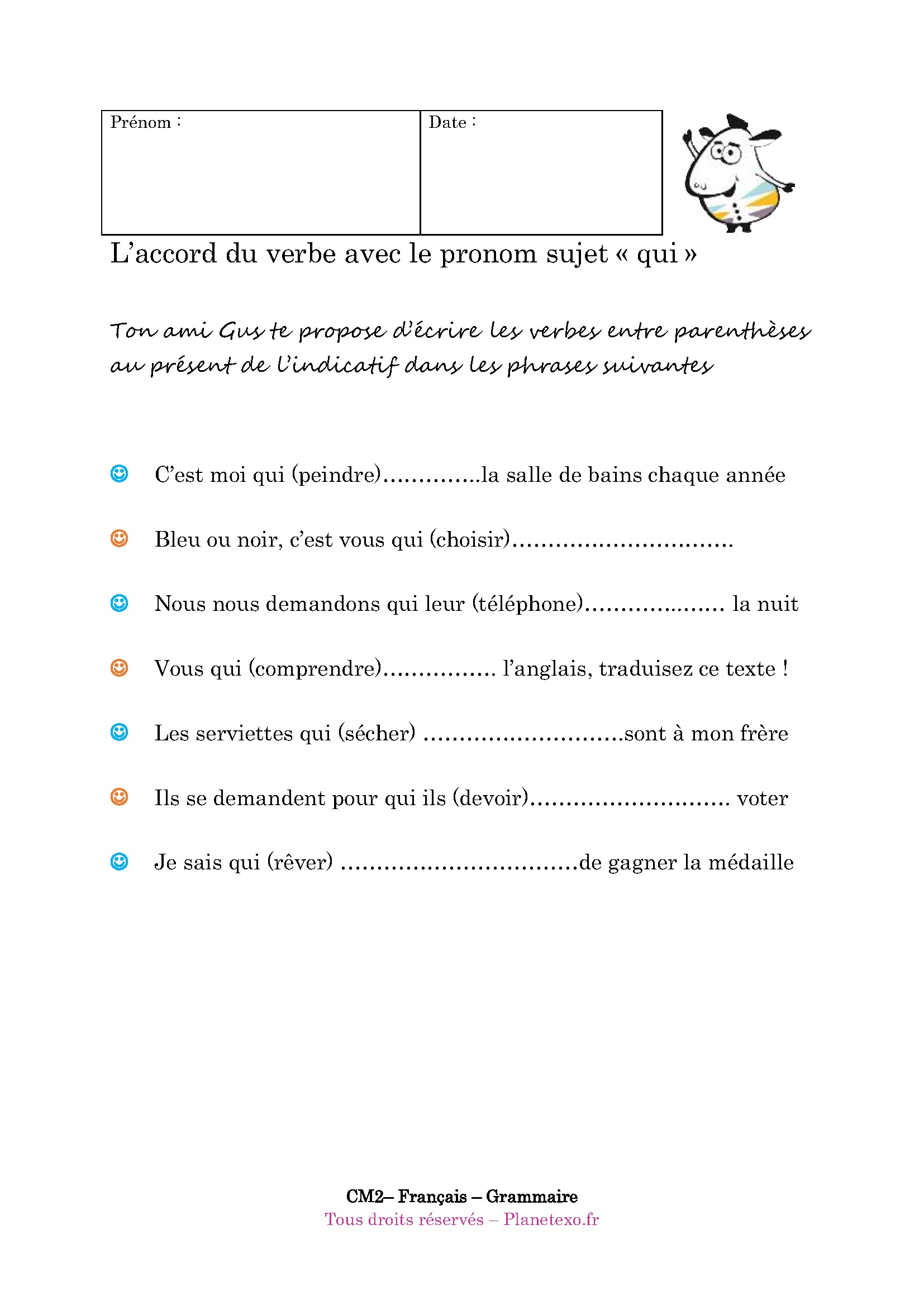 évaluation Accord Sujet Verbe Ce1 Exercice corrigé pour le CM2 : L'accord du sujet avec le pronom relatif qui