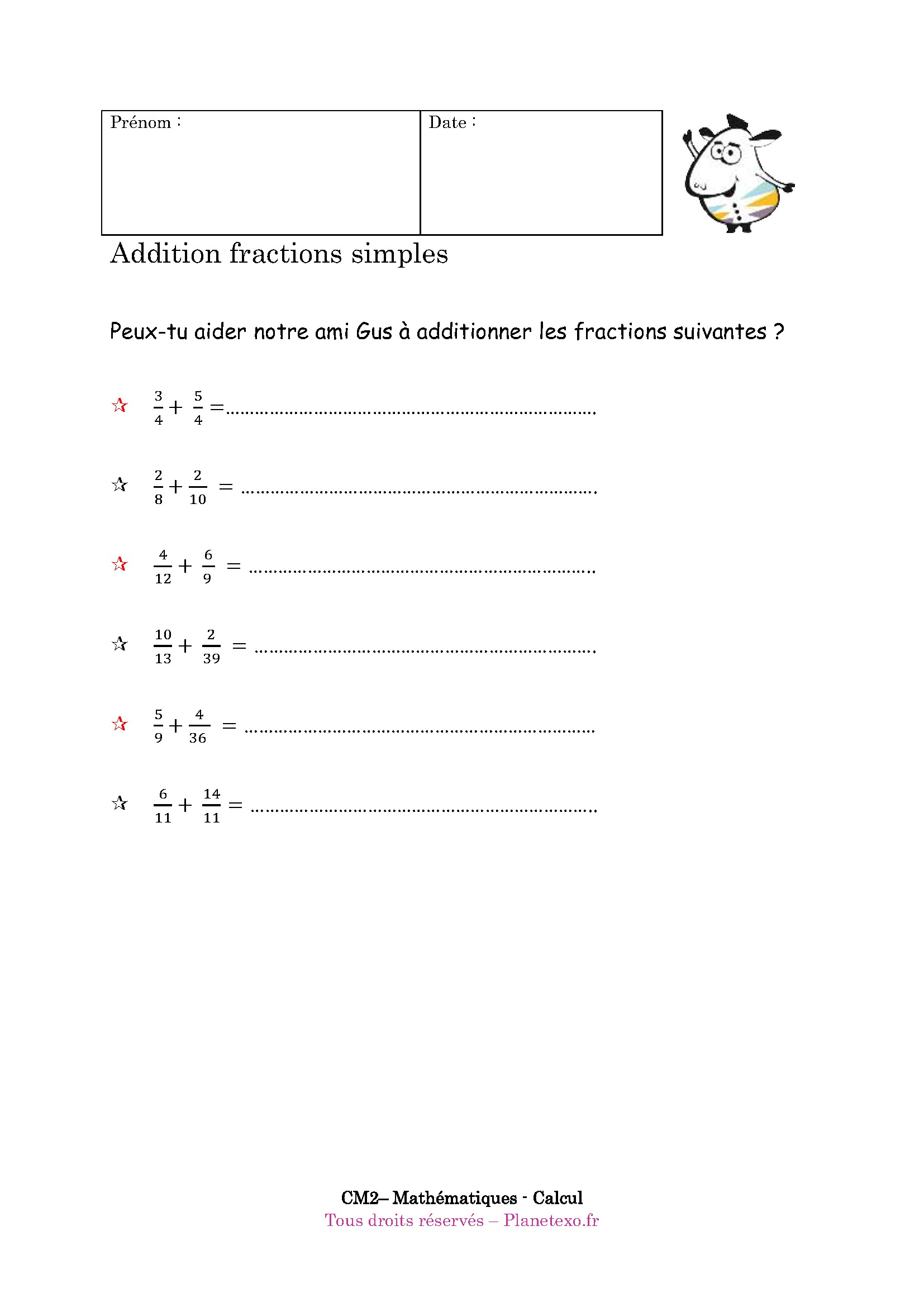 Les Fractions Cm2 Exercice corrigé pour le CM2 : Addition fractions simples